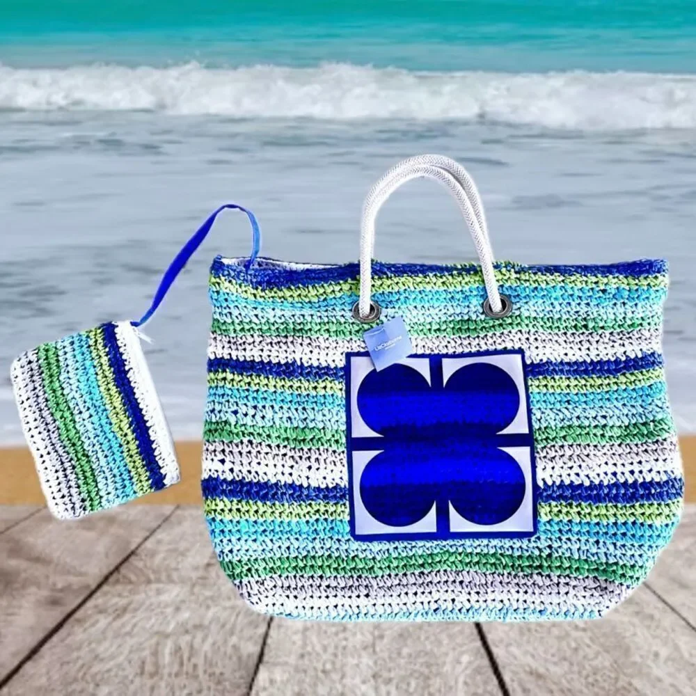 NWT Gorgeous Liz Claiborne Blue Green White Raffia Straw Big Tote Bag & pouch